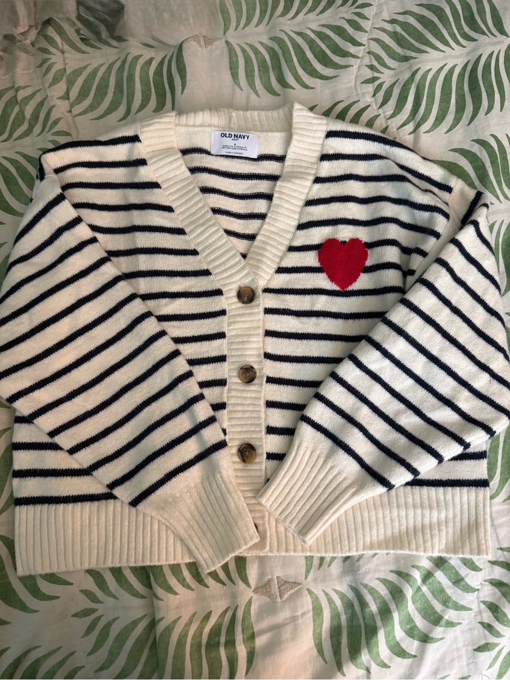 Old Navy Cream & Navy Striped Cardigan with Red Heart Patch